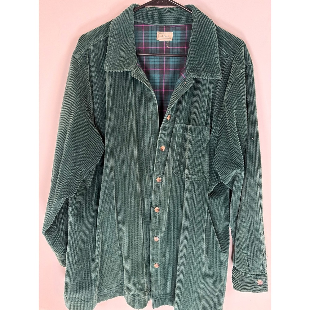 Vintage LL Bean Green Corduroy Flannel Lined Shirt Jacket Plaid Womens XL